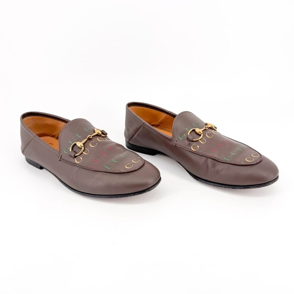 Gucci Brixton Horsebit Loafers Brown Logo Leather Size 37.5 US 7.5 Women Flat